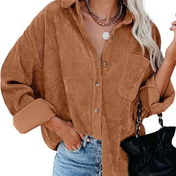 Womens Corduroy Button Down Shirts Boyfriend Long Sleeve Oversized Blouses Tops